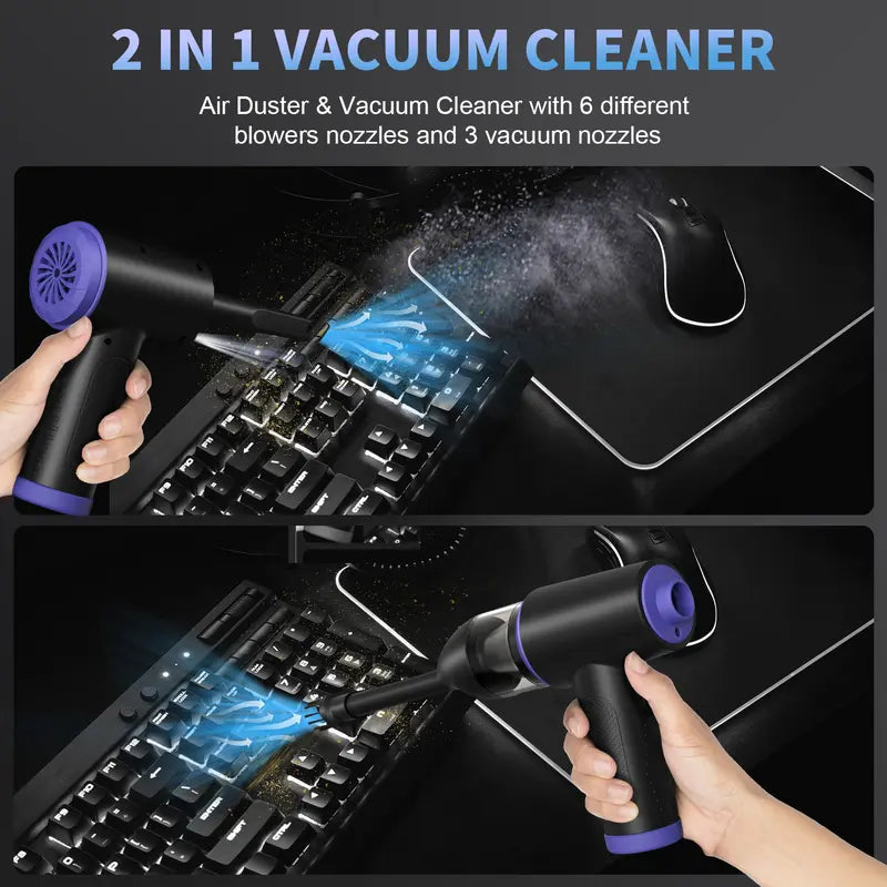CLEVAST Compressed Air Duster - 3 Gear 110000RPM Electric Air Duster, 3 in 1 Versatile with LED Light - Cordless Dust Blower & Mini Vacuum & Inflating for PC, Computer, Keyboard, Rechargeable Canned Air