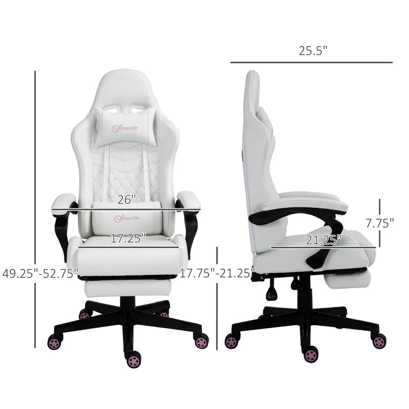 Vinsetto High Back PU Leather Gaming Chair, Racing Computer Chair with Swivel Wheels, Retractable Footrest, Headrest, Lumbar Support, and Armrest, White and Pink